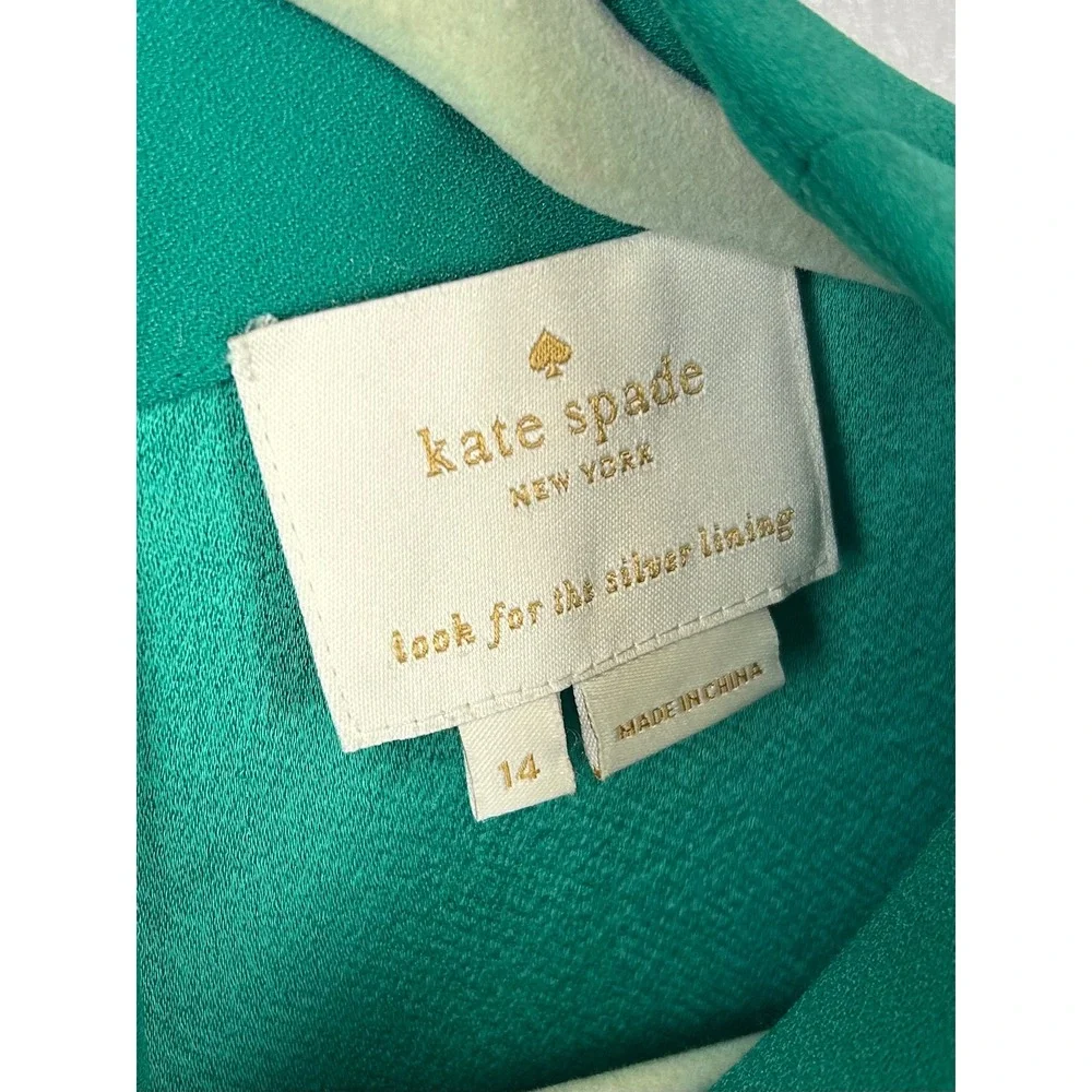Kate Spade Emerald Green Ruffle‎ Shift Dress Size 14 Satin Crepe Flutter Sleeve